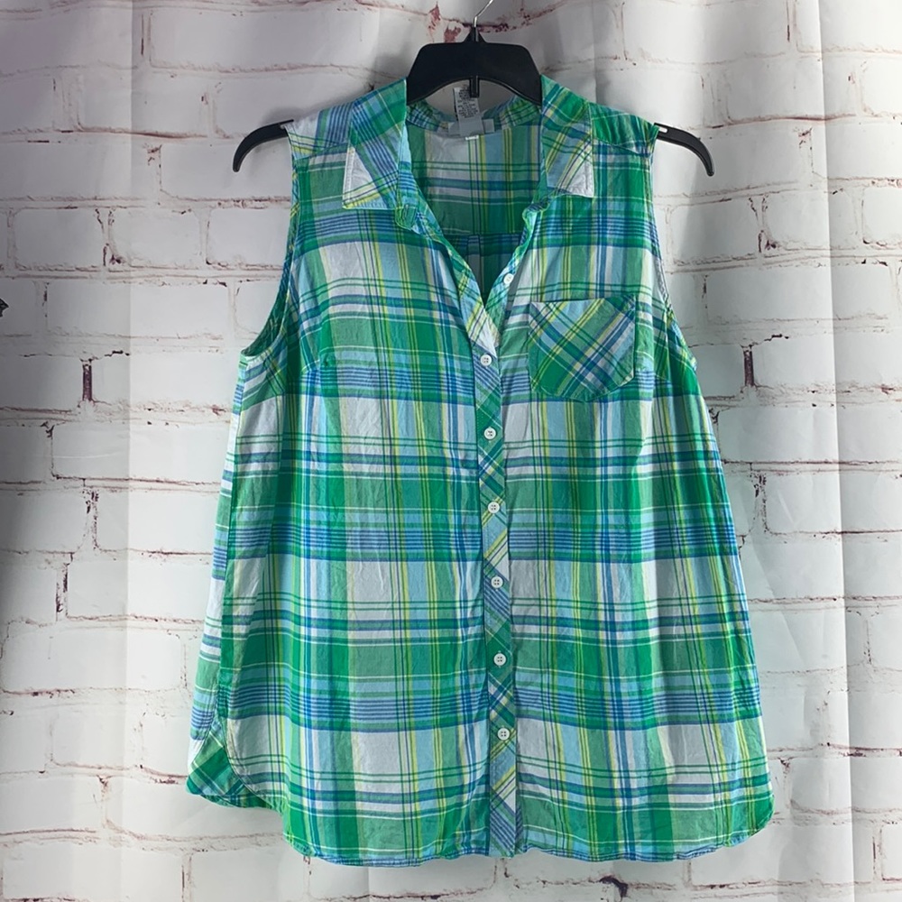 Catherine’s Women’s Plus Sleeveless Blouse Green White Plaid sz 0X 14 - 16W